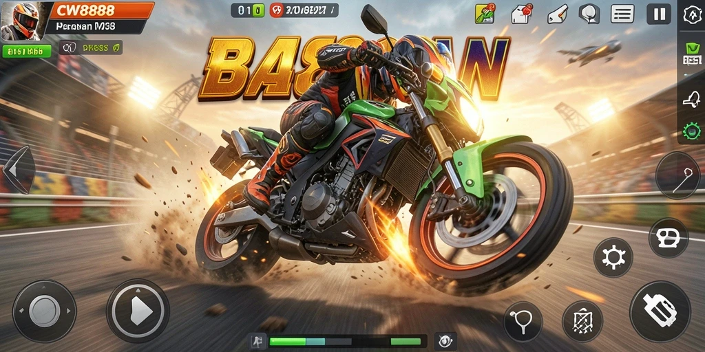 Screenshot gameplay CW8888 menunjukkan aksi balapan motor yang seru.