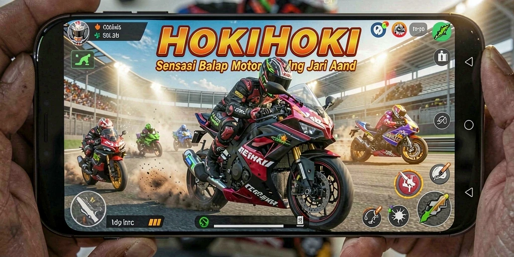 Tampilan gameplay seru HOKIHOKI dengan balapan motor yang mendebarkan.