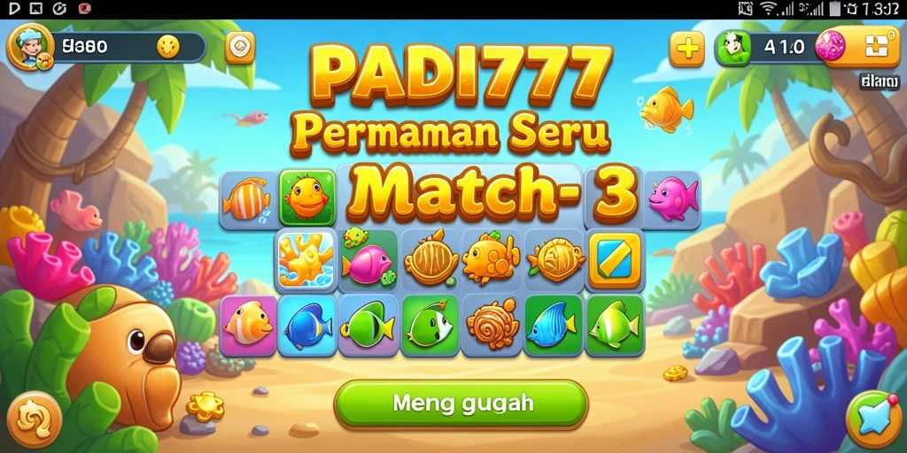 Screenshot PADI777 menampilkan gameplay menarik dari level Match-3 yang penuh warna.