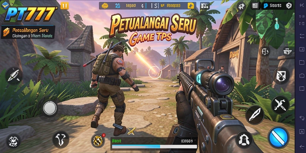 Screenshot utama PT777 menunjukkan aksi seru dalam game TPS.