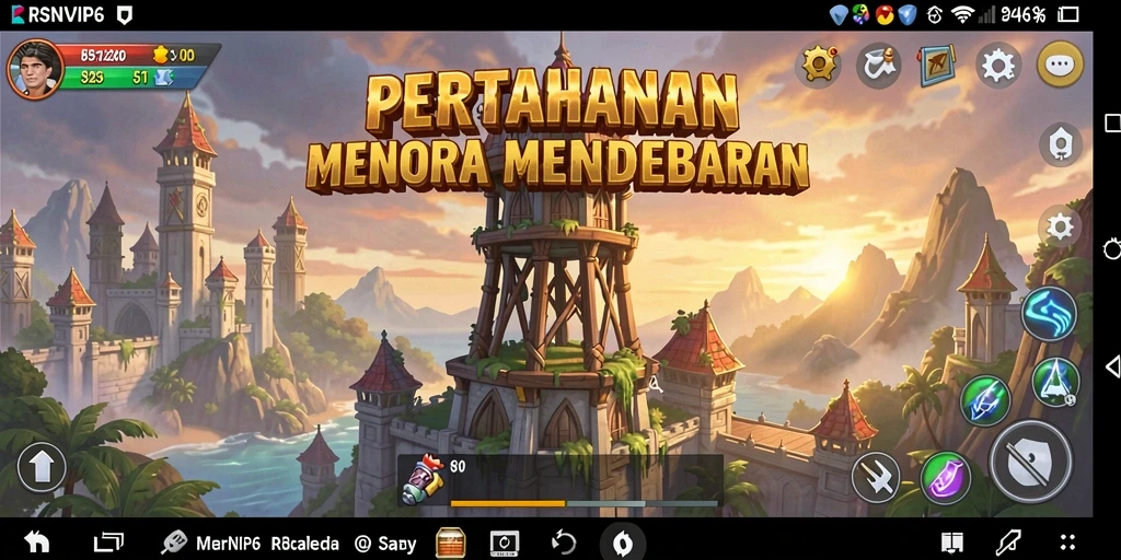 Tangkapan layar gameplay RSNVIP6 menunjukkan menara dan musuh dalam aksi.