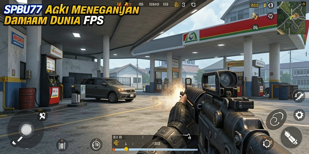Screenshot utama SPBU77 menampilkan aksi intens gameplay FPS.