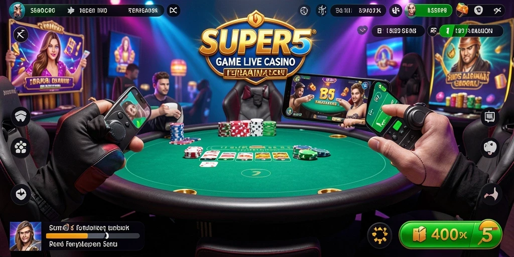Screenshot gameplay SUPER5 menampilkan dealer langsung dan suasana kasino yang menarik.