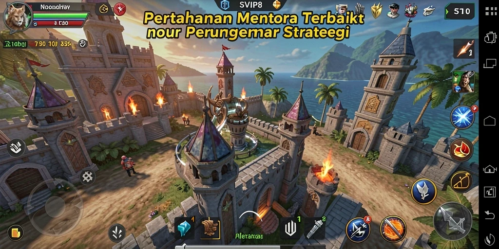 Tampilan gameplay SVIP8 dengan menara dan musuh yang menyerang.