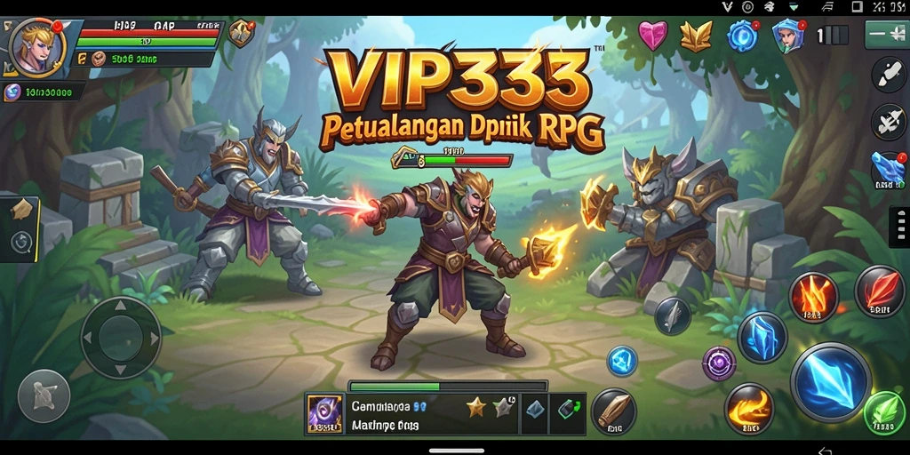 Screenshot gameplay menunjukkan pertarungan epik dan eksplorasi dunia RPG.